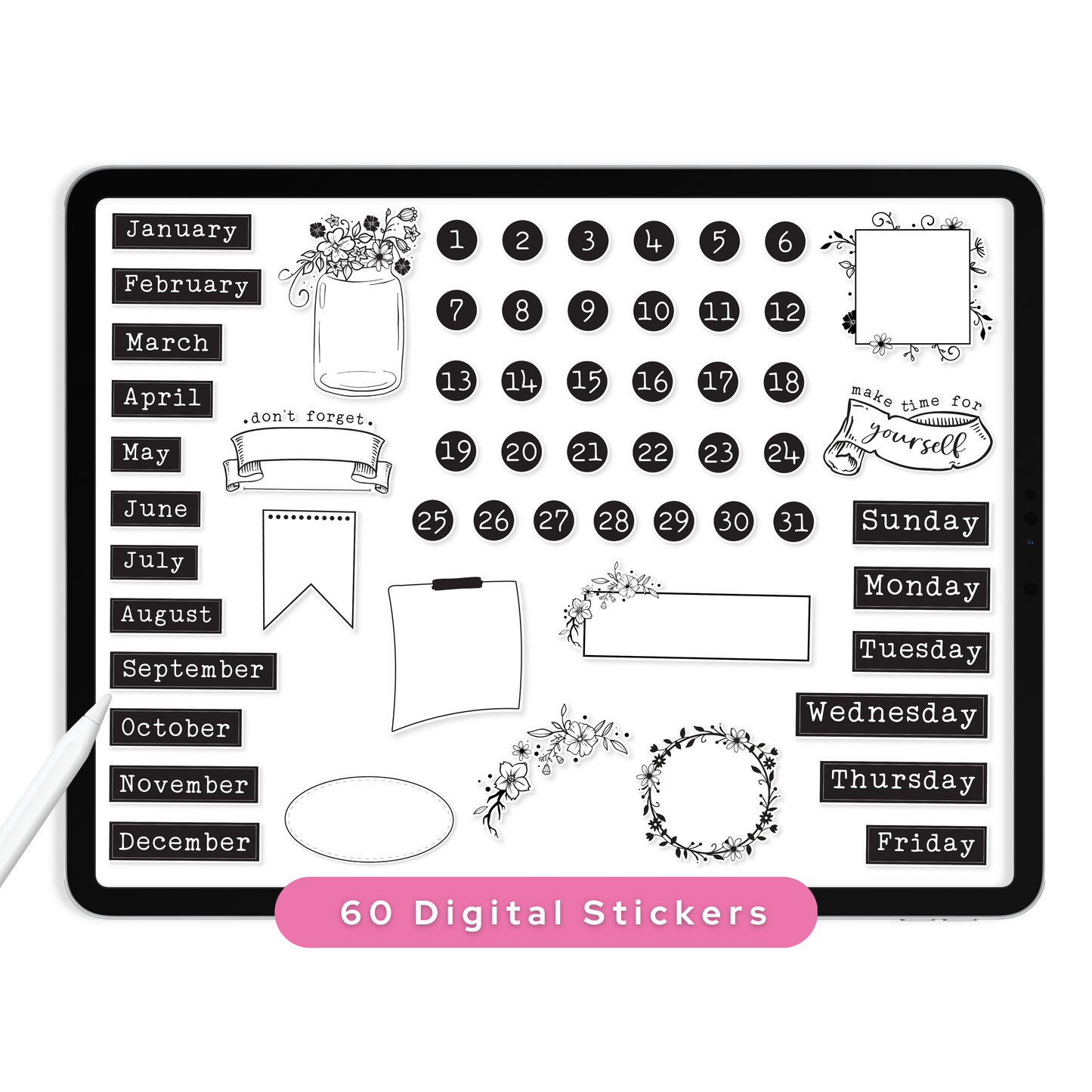 Black & White Digital Planner Stickers