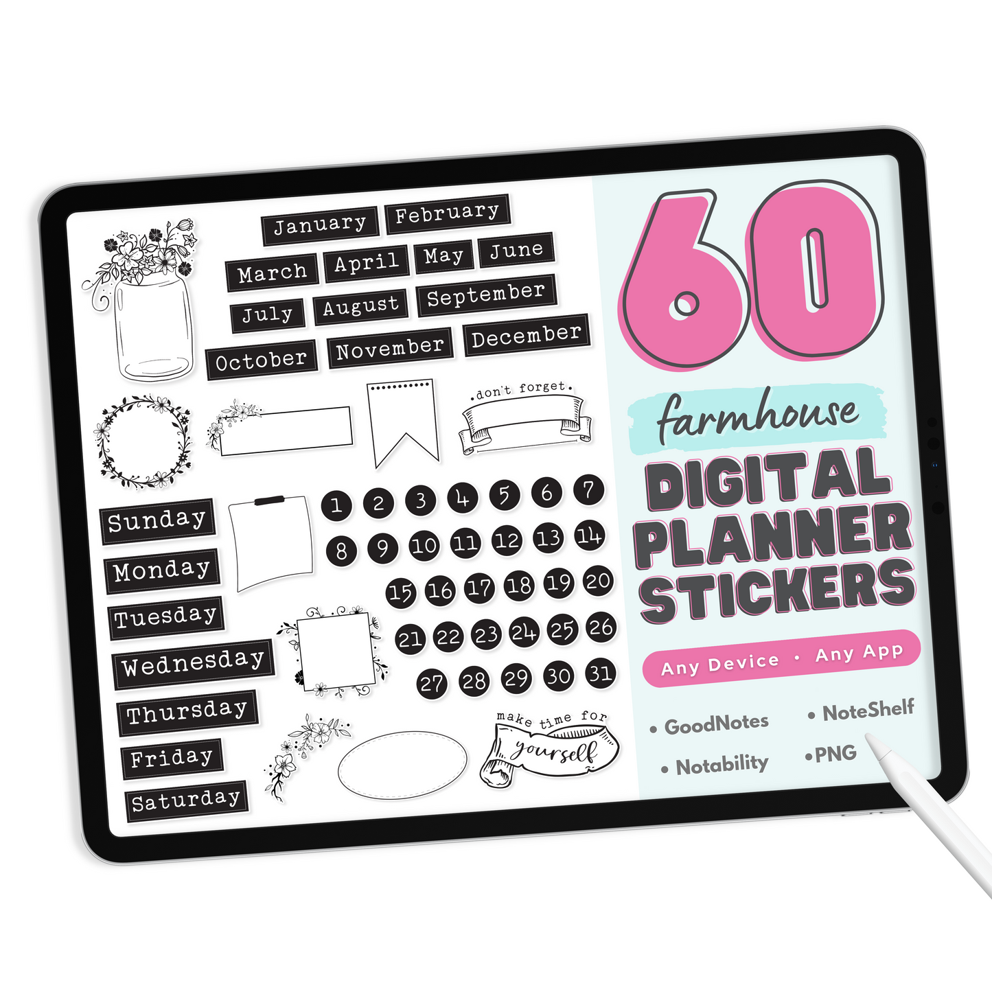 Black and White Farmhouse Digital Stickers