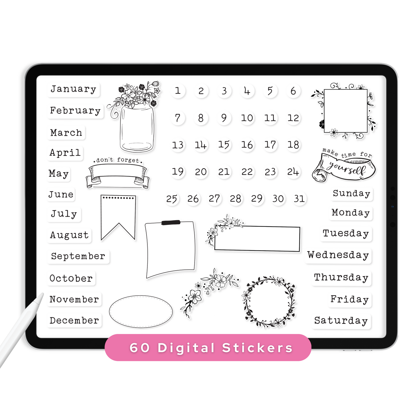 White & Black Digital Planner Stickers
