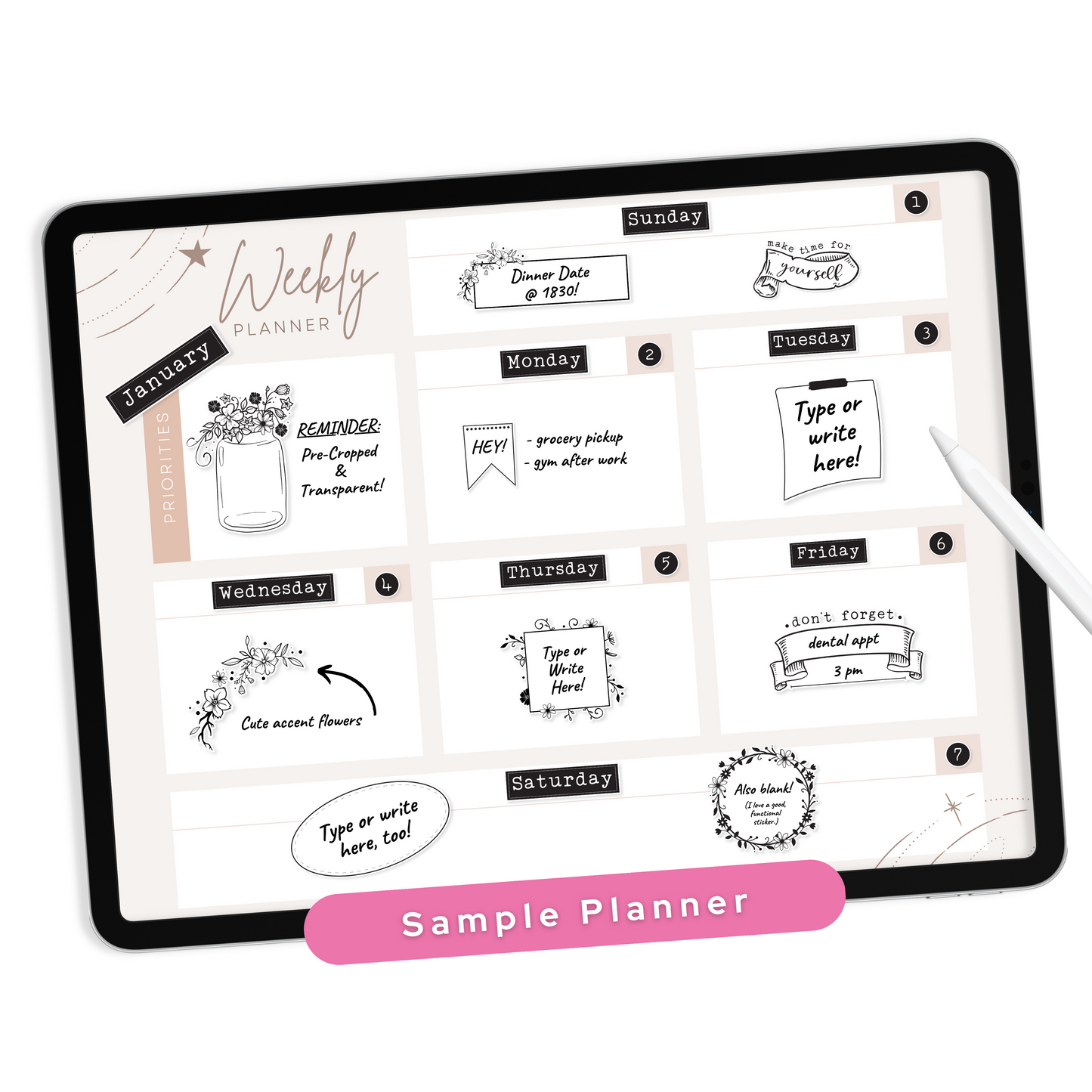 Black & White Digital Planner Stickers