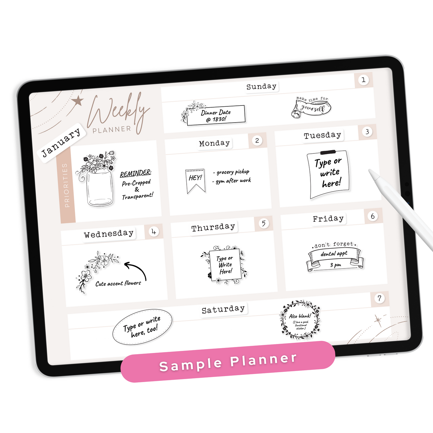 White & Black Digital Planner Stickers